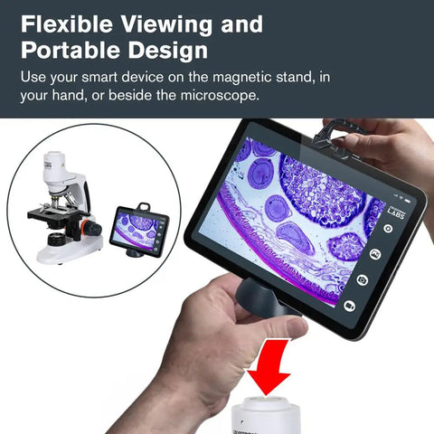 Wireless WiFi Desktop Microscope For iOS And Android That Lets You Stream Live Images, Record Video, And Measure Details, Featuring 3 Plan Achromatic Lenses 4x 10x 40x And 12x Digital Eyepiece For 48x 120x 480x Magnification, with tablet stand