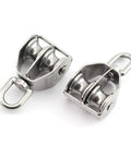 Beefy 2 Pack M25 Stainless Steel Double Pulley Block For Rigging And Lifting, Heavy Duty Swivel Wheel Block, 150Kg Load Capacity, 25Mm Wheel Diameter, 11Mm Groove, Rust Resistant Hardware. Two M25 stainless steel double pulley blocks with swivel eye