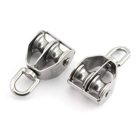 Beefy 2 Pack M25 Stainless Steel Double Pulley Block For Rigging And Lifting, Heavy Duty Swivel Wheel Block, 150Kg Load Capacity, 25Mm Wheel Diameter, 11Mm Groove, Rust Resistant Hardware. Two M25 stainless steel double pulley blocks with swivel eye
