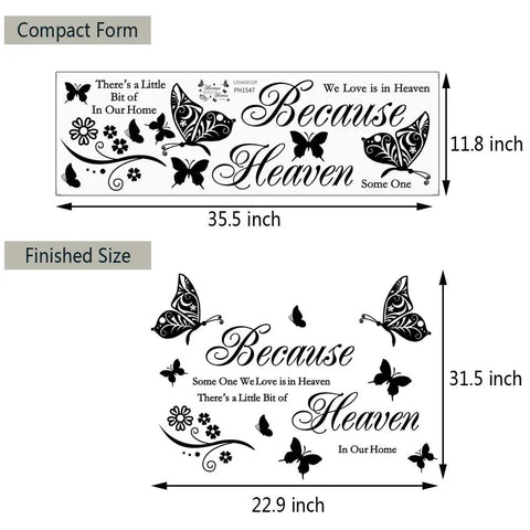 Heavenly Love Quotes Wall Decals Set Peel And Stick Vinyl Memorial Wall Art with dimensions and butterfly design.