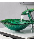 Modern Lotus Leaf Vessel Sink Solid Tempered Glass Countertop Basin with waterfall faucet in vibrant green design.