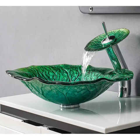Modern Lotus Leaf Vessel Sink Solid Tempered Glass Countertop Basin with waterfall faucet in vibrant green design.