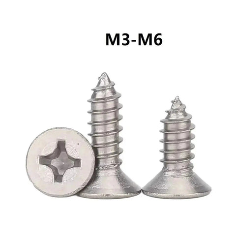 Top Shelf TA2 Pure Titanium Flat Head Countersunk Self Tapping Screws Pack Of Twenty ST5 X 12mm Phillips Drive showing three titanium screws in varying sizes.