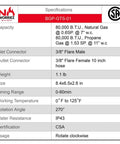 Safety Auto Shut Off Gas Timer specifications sheet showing capacity, connectors, size, weight, and usage instructions.
