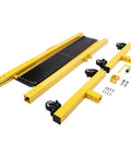 Heavy Duty Yellow And Black Folding Security Gate Built Like A Tank With Top Shelf Craftsmanship Smooth Rolling Casters And Quick Expand Adjustable Scissor Barrier For No Sweat Crowd Control, components including wheels and frame.