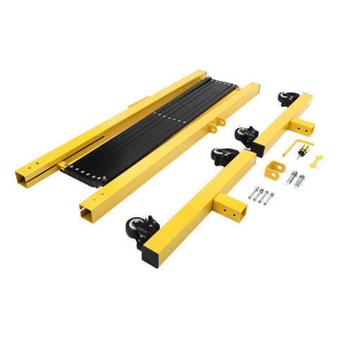 Heavy Duty Yellow And Black Folding Security Gate Built Like A Tank With Top Shelf Craftsmanship Smooth Rolling Casters And Quick Expand Adjustable Scissor Barrier For No Sweat Crowd Control, components including wheels and frame.