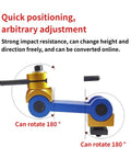 Universal Adjustable CNC Mill Positioner Dead Accurate Workpiece Stop Locator Tool showing adjustable 180-degree rotation in blue and gold.