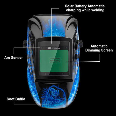 Workhorse Auto Darkening Welding Helmet With True Color Large Viewing Screen 3.94 By 3.82 Inch Solar Powered Mask with blue flame design.