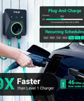 Person using Level 2 EV Charger With Energy Meter 11.5kW 48A J1772 Wall Mount Charger on car, showing charging speed and schedule display.