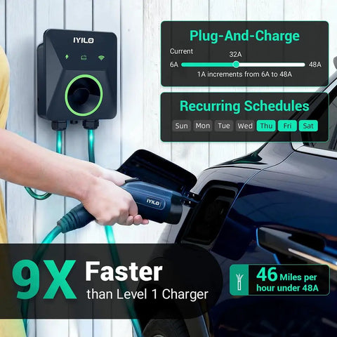 Person using Level 2 EV Charger With Energy Meter 11.5kW 48A J1772 Wall Mount Charger on car, showing charging speed and schedule display.