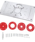 Hefty Aluminum Router Plate With Four Snap On Insert Rings For Sharp Wood Milling Trimming And Butter Smooth Engraving Jobs Shop Pro Gear on workbench.