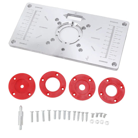 Hefty Aluminum Router Plate With Four Snap On Insert Rings For Sharp Wood Milling Trimming And Butter Smooth Engraving Jobs Shop Pro Gear on workbench.