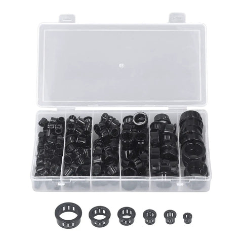Super Tough Nylon Cable Grommet Protectors 160 Pcs With 6 Sizes Including 8mm 10mm 11mm 16mm 19mm And 25mm For Snappy Wire Hose Installation, assorted sizes in organizer case