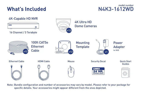Contents of 4K 16-Channel Fusion NVR System With Twelve 8MP IP Dome Cameras Listen-In Audio 130 Ft Night Vision Color Night Vision