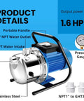 Smooth Operator 1.6Hp Shallow Well Jet Pump Featuring Rugged Stainless Steel Build For Effortless Garden Irrigation Lawn Care And Quick Property Draining Moves Up To 1600 with portable handle and pressure gauge.