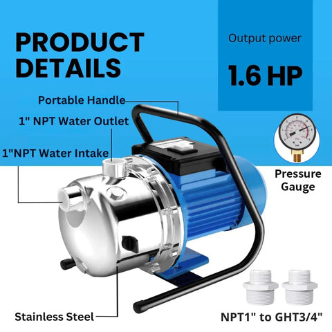 Smooth Operator 1.6Hp Shallow Well Jet Pump Featuring Rugged Stainless Steel Build For Effortless Garden Irrigation Lawn Care And Quick Property Draining Moves Up To 1600 with portable handle and pressure gauge.