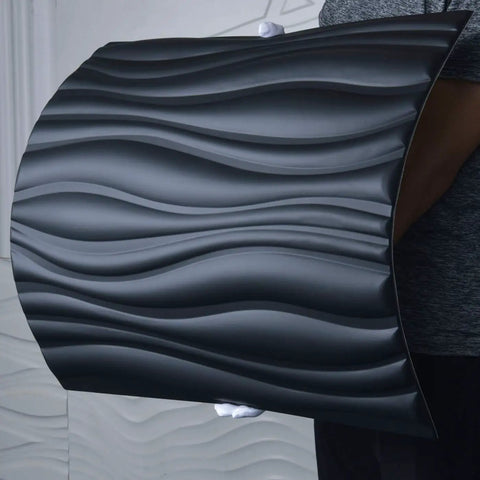 Holding a Dope 3D Leather Wall Tiles Set 6 Pack Black Wave Panels 23.6 Inch Square Each, Covers About 23.25 Sq Ft