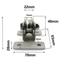 Stainless Steel Four Hole Bearing Pulley for Ceiling Swing and Sliding Doors Fixed Roller Wheel with dimensions shown.