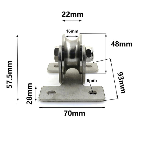 Stainless Steel Four Hole Bearing Pulley for Ceiling Swing and Sliding Doors Fixed Roller Wheel with dimensions shown.