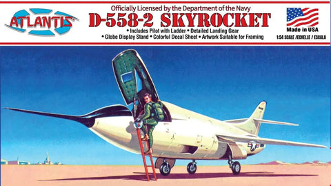 Box art of Skyrocket D 558 2 US Navy Model Kit With Swivel Stand One Fifty Four Scale Unpainted Plastic Build Kit Includes Pilot Figure And Entry Ladder Eleven Inch Long When Assembled Great For Weekend Builders.