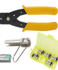 Adjustable Coax Cable Crimper Kit For RG6 RG59 RG11 With F Compression Connectors 75-5 75-7 Anti Slip Handle Easy Thumb Screw Operation Includes 10 Connectors For Quick DIY Home Theater And Satellite Installations. Visible are yellow-handled crimp tool, silver stripper tool, and connectors in a yellow case.