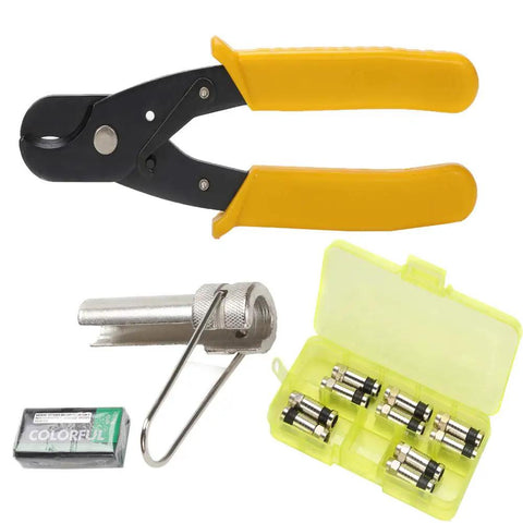 Adjustable Coax Cable Crimper Kit For RG6 RG59 RG11 With F Compression Connectors 75-5 75-7 Anti Slip Handle Easy Thumb Screw Operation Includes 10 Connectors For Quick DIY Home Theater And Satellite Installations. Visible are yellow-handled crimp tool, silver stripper tool, and connectors in a yellow case.