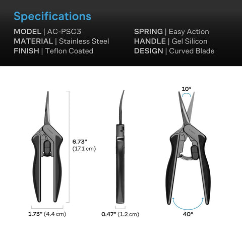 Specifications of Stainless Steel Curved Pruning Shear With Nonstick Coating, 6.6 Inch Micro-Tip Blades, ergonomic handle, black.