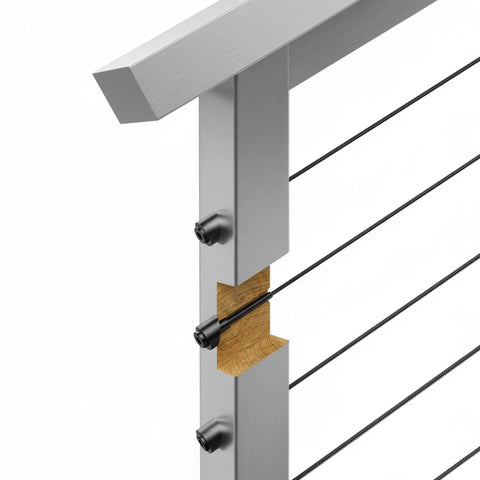 Installed Afcabakila 20-pack black 30° beveled washers for 5/16" ID cable railing on stainless steel post