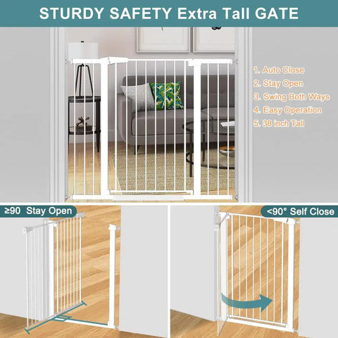 Ultra Tall 38 Inch Baby And Pet Gate For Stairs And Doorways Auto Close Metal Safety Gate Pressure Mounted No Climb Fence White