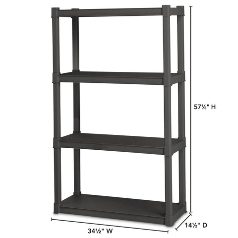 Four Shelf Heavy Duty Plastic Storage And Utility Shelving Unit For Garage Basement And Laundry Room With 50 Lb Capacity Per Shelf Durable Industrial Grade Rack For Easy Organization And Quick Access, 57 1/8 H x 34 1/2 W x 14 1/2 D