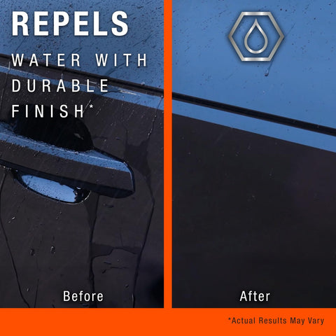 Before and after using No-Fuss One Year Polish and Sealant for Cars with 3-in-1 Ceramic Technology on a car door.