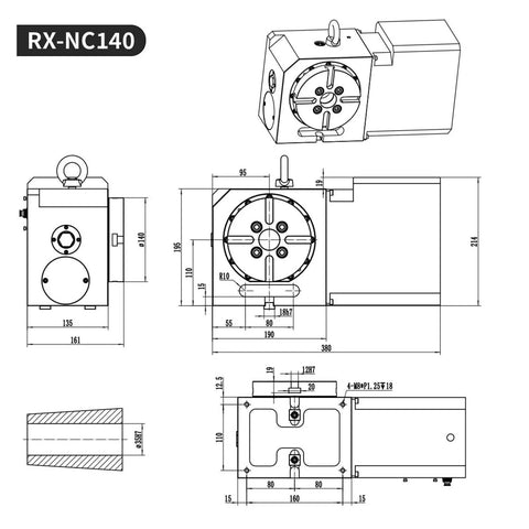 Technical drawing of Rock Solid Cnc Rotary Table Four Axis Indexing Head showing dimensions and assembly details.