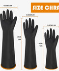 Heavy Duty Chemical Resistant Rubber Gloves 22 Inch Xl Natural Latex Industrial Work Grade size chart with three glove sizes.