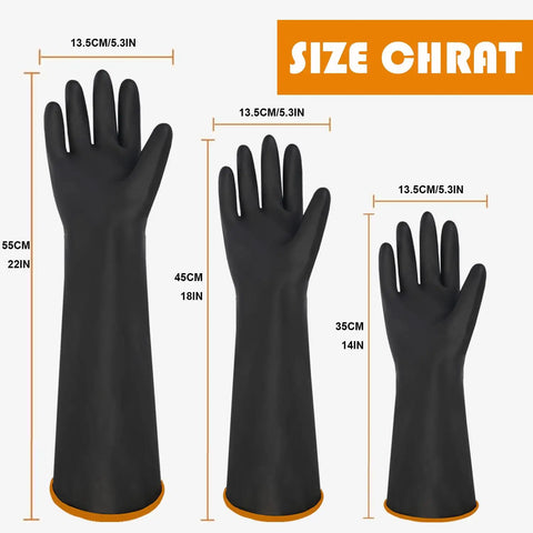 Heavy Duty Chemical Resistant Rubber Gloves 22 Inch Xl Natural Latex Industrial Work Grade size chart with three glove sizes.