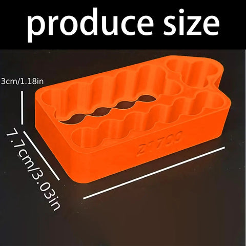 Ergonomic Battery Welding Jig For 18650 And 21700 Cells With Insulated Safety Clamps Quick Spotting Fixture shown in orange color with size markings.