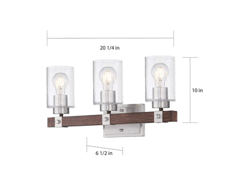 Arabel Three Light Vanity Fixture In Brushed Nickel And Nutmeg Wood Finish With Clear Seeded Glass Bathroom Vanity Lighting ETL Rated
