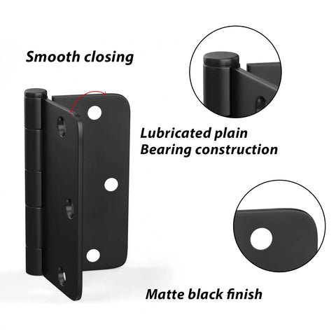 Six Pack Matte Black Interior Door Hinges Three Point Five Inch By Three Point Five Inch With One Quarter Inch Radius Corners Includes Screws For Doors Cabinets Shutters Vents And More showcasing smooth closing and lubricated plain bearing construction.