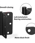 Close-up of matte black door hinge highlighting smooth closing, bearing construction, and radius corners with 24 Pack Matte Black Door Hinges 3.5 Inch By 3.5 Inch Interior Door Hinges With One Quarter Inch Radius Corners And Screws Included For Easy Install On Doors Frames Cabinets And Sheds.