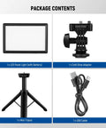 Package contents: 9 Inch LED Video Light Panel With Dimmable Output, mini tripod, USB-C cable, cold shoe adapter