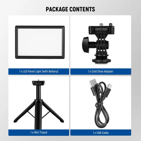 Package contents: 9 Inch LED Video Light Panel With Dimmable Output, mini tripod, USB-C cable, cold shoe adapter