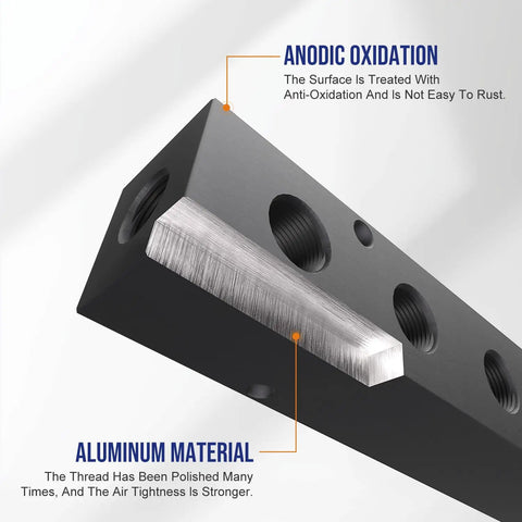 Close-up of Built To Last Heavy Duty Aluminum Air Manifold with 1/4 Inch NPT inline output, anodized surface and aluminum material detail.