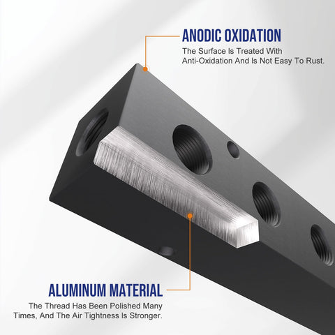 Aluminum 1/4 Inch NPT Inline Air Compressor Manifold, 3 Way 5 Port Pneumatic Block showing anodic oxidation and aluminum material