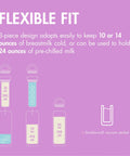 Flexible fit illustration for On The Go Breast Milk Chiller And Storage Container For Pumping Parents Double Walled Stainless Steel.