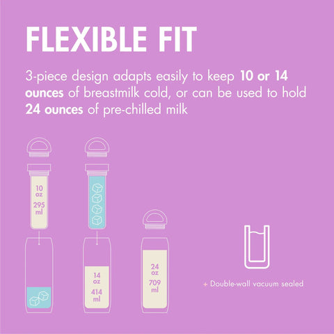 Flexible fit illustration for On The Go Breast Milk Chiller And Storage Container For Pumping Parents Double Walled Stainless Steel.