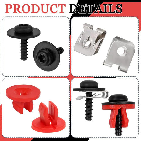 Premium T30 Torx Engine Splash Shield Fastener Clip Kit showing black screws, red retainers, and metal clips for vehicles.