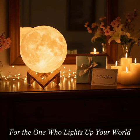 Moon Lamp LED Night Light 3D Printed With Wood Base Dual Color Touch Dimmer 4.7 Inch Nightstand Decor glowing on wooden table