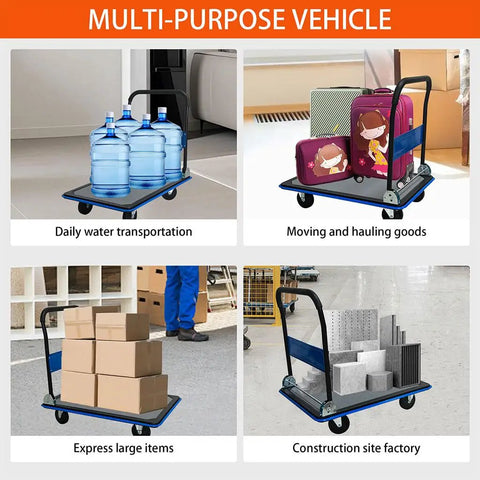 Heavy Duty Workhorse Folding Platform Truck With 660 Lb Capacity, Flatbed Hand Truck On 360 Degree Swivel TPR Silent Wheels, Non Slip Utility Dolly For Moving Boxes In Warehouse Garage And Office, Durable Steel Frame Blue, loaded with water jugs and boxes