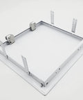 Heavy Duty 6X6 Inch Access Panel Door With Quick Push Lock Fit For Walls And Ceilings Straight Shot Setup For Hvac Plumbing Electrical And Crawlspace Work White Finish, showing galvanized steel frame and locking mechanism.