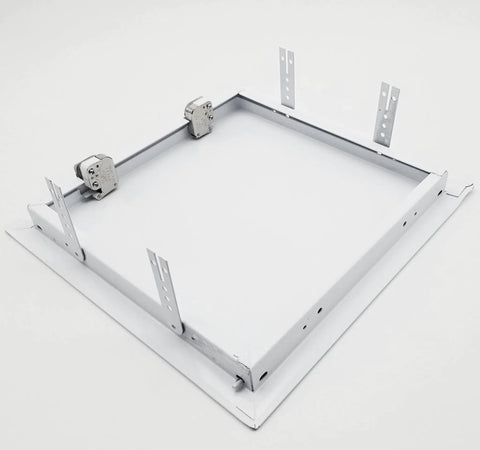 Heavy Duty 6X6 Inch Access Panel Door With Quick Push Lock Fit For Walls And Ceilings Straight Shot Setup For Hvac Plumbing Electrical And Crawlspace Work White Finish, showing galvanized steel frame and locking mechanism.