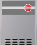 Top Shelf Stainless Steel Natural Gas Outdoor Tankless Water Heater with visible inlet and outlet connections and Rheem logo.